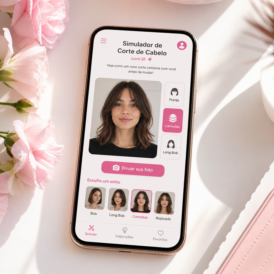 Aplicativo mostrando simulação de corte de cabelo com inteligência artificial